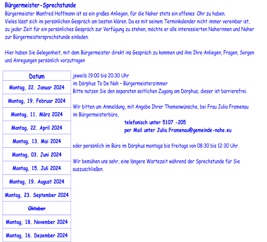 Bürgermeister - Sprechstunde   Bürgermeister Manfred Hoffmann ist es ein großes Anliegen, für die Naher stets ein offenes  Ohr zu haben.    Vieles lässt sich im persönlichen Gespräch am besten klären. Da es mit seinem Terminkalender nicht immer vereinbar ist,   zu jeder Zeit für ein persönliches Gespräch zur Verfügung zu stehen, möchte er alle interessierten Naherinnen und Naher  z ur Bürgermeistersprechstunde einladen.       Hier haben Sie Gelegenheit, mit dem Bürgermeister direkt ins Gespräch zu kommen und ihm Ihre Anliegen, Fragen, Sorgen  und Anregungen persönlich vorzutragen     Datum   Montag, 22. Januar 2024   Montag, 19. Februar 2024   Montag, 11. März 2024   Montag, 22. April 2024   Montag, 13. Mai 2024   Montag, 03. Juni 2024   Montag, 15. Juli 2024   Montag, 19.  August  2024   Montag, 23.  September  2024   Oktober   Mon tag, 18.  November  2024   Montag, 16.  Dezember  2024   jeweils 19:00 bis 20:30 Uhr   im Dörphus To De Nah  –   Bürgermeisterzimmer   Bitte nutzen Sie den separaten seitlichen Zugang am Dörphus, dieser ist barrierefrei.     Wir bitten um  Anmeldung , mit Angabe Ihrer Themenwünsche, bei Frau Julia Framenau   im Bürgermeisterbüro,           telefonisch unter 5107  - 205           per Mail u nter   Julia.Framenau@gemeinde - nahe.eu     oder persönlich im Büro im Dörphus montags bis freitags von 08:30 bis 12:30 Uhr.     Wir bemühen uns sehr, eine längere Wartezeit während der Sprechstunde für Sie  aus zuschließen.