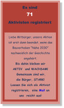 Es sind  71 Aktivisten registriert   Liebe Mitbürger, unsere Aktion ist erst dann beendet, wenn das Bauvorhaben “Nahe 2030”  nachweislich der Geschichte angehört.  Bis dahin bleiben wir AKTIV  und WACHSAM!  Gemeinsam sind wir, die Bürger, STARK! Lassen Sie sich als Aktivist registrieren,  eine Mail an uns  reicht aus!